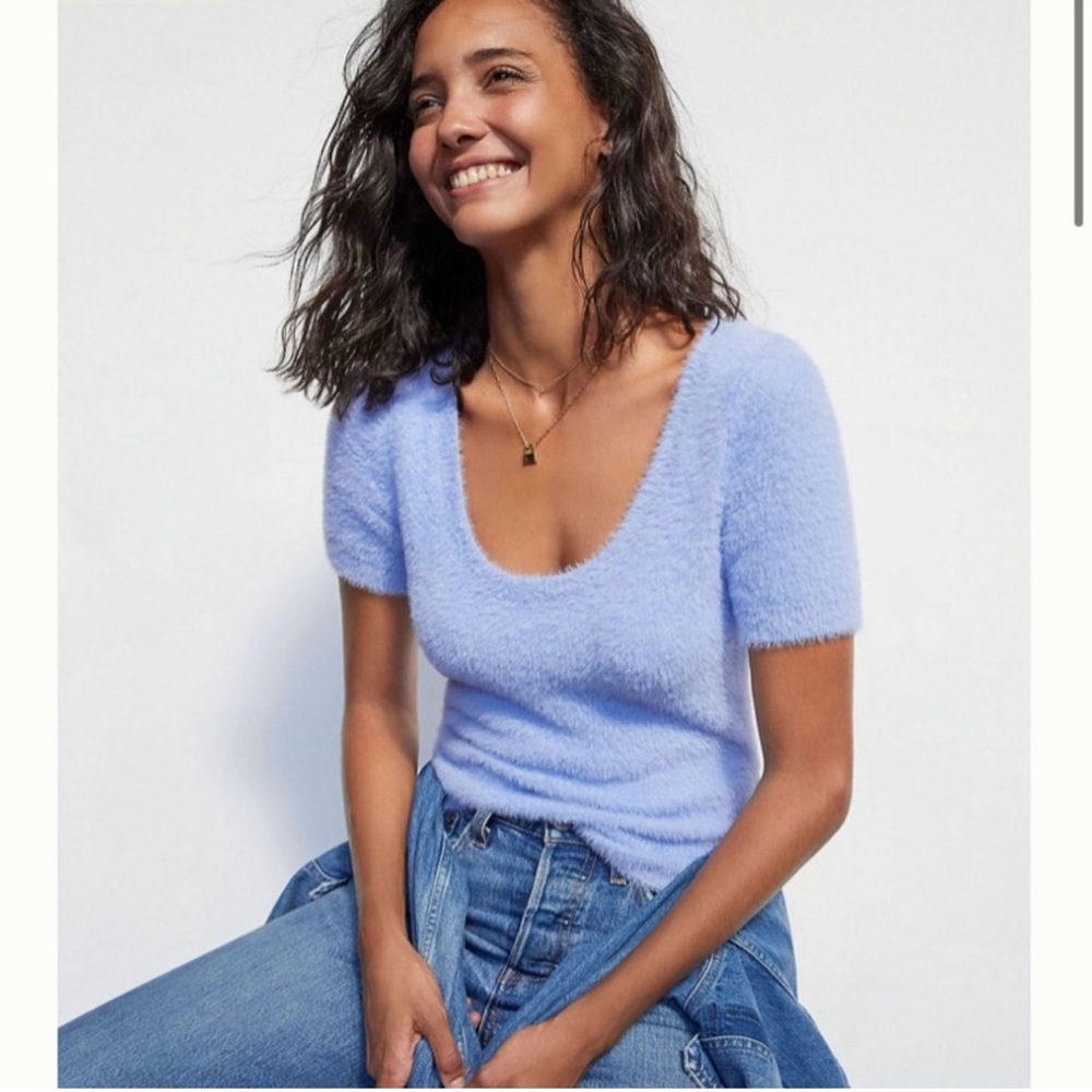 Maeve by Anthropologie Fuzzy Blue Scoop Neck Shirt